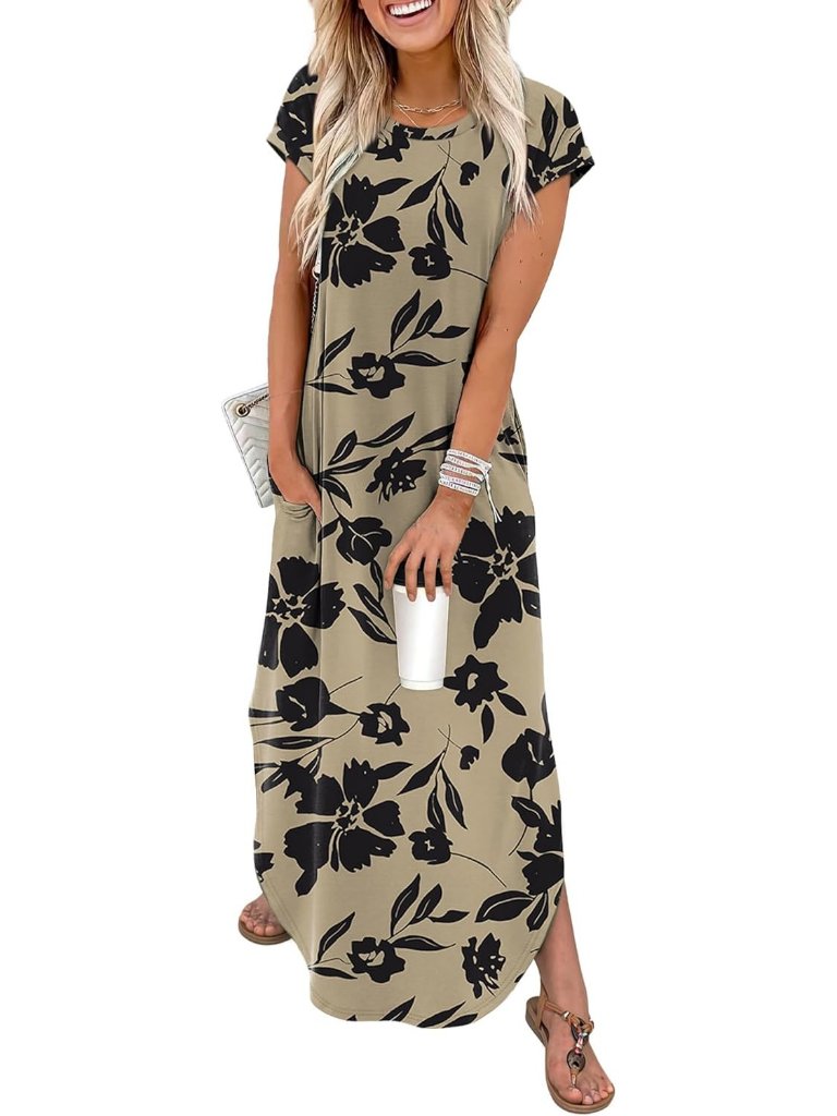 Women's Floral Black Flowers Maxi Cap Sleeve Crew Neck Beach Dress With Pockets
